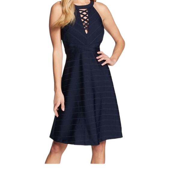 Guess Dress striped lace up sleeveless skater navy blue size 12 - Picture 1 of 8